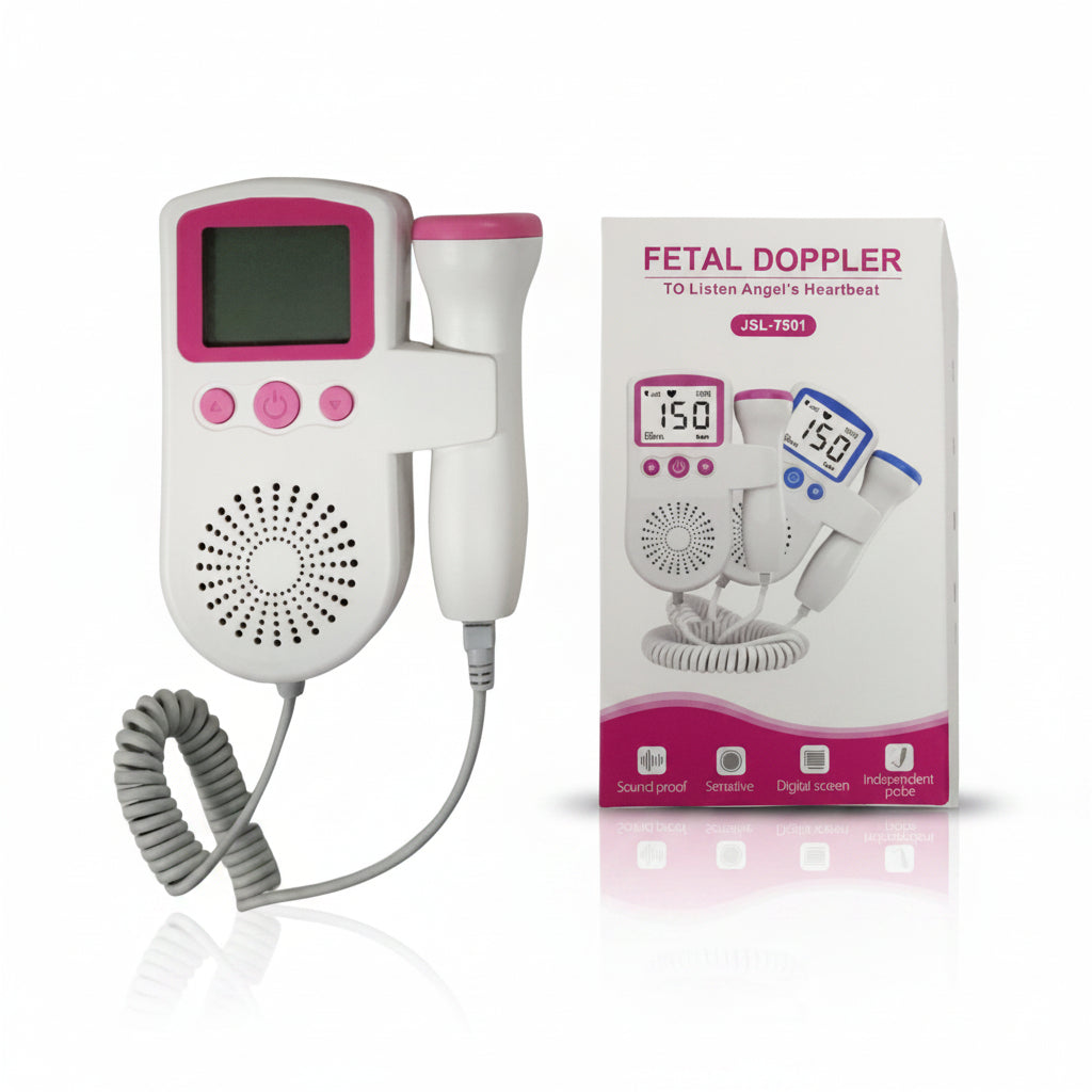 Fetalni dopler JSL-T501 u roze boji sa digitalnim LCD ekranom, ugrađenim zvučnikom i povezanom belom sondom preko spiralnog kabla.